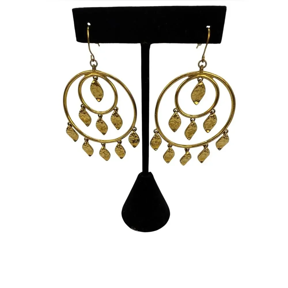 Gold Double Hoop Dangle Earrings with Leaf Charms